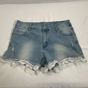 Denim Jean Shorts Womens XL Light Wash Lace Trim Crochet Frayed Distressed White